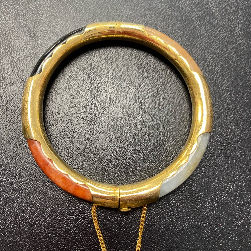 Gold Multi-Tone Hinged Bangle Bracelet with Red and White Accents